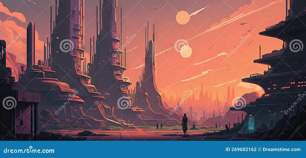 Kota Masa Depan dalam Animasi Gambar pemandangan kota futuristik dalam film anime