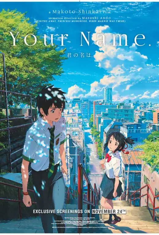 Your Name: Kisah cinta yang menyentuh dan visual yang memukau Adegan dari film Your Name, menampilkan latar belakang kota yang indah