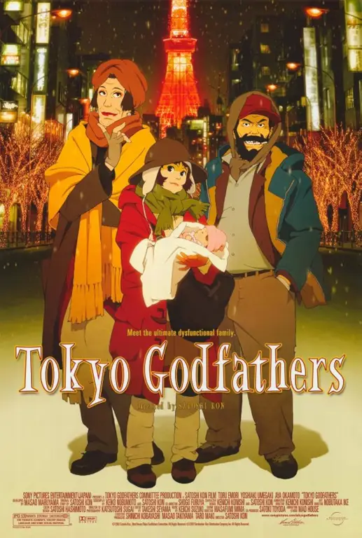 Adegan Tokyo Godfathers yang menampilkan karakter utamanya