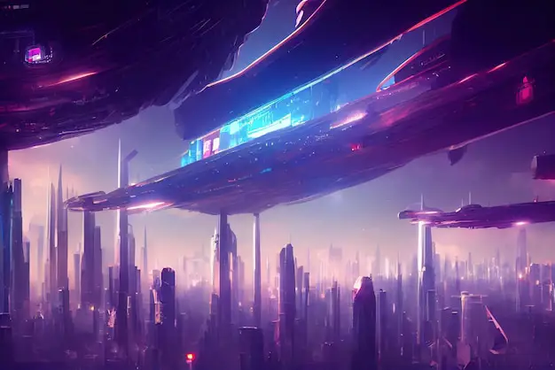 Potensi Metaverse dalam Dunia Anime Ilustrasi kota masa depan dalam metaverse dengan tema anime