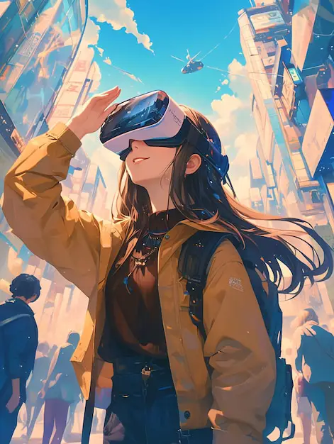 Penggunaan VR dalam Mengalami Anime Gambar karakter anime menggunakan headset VR