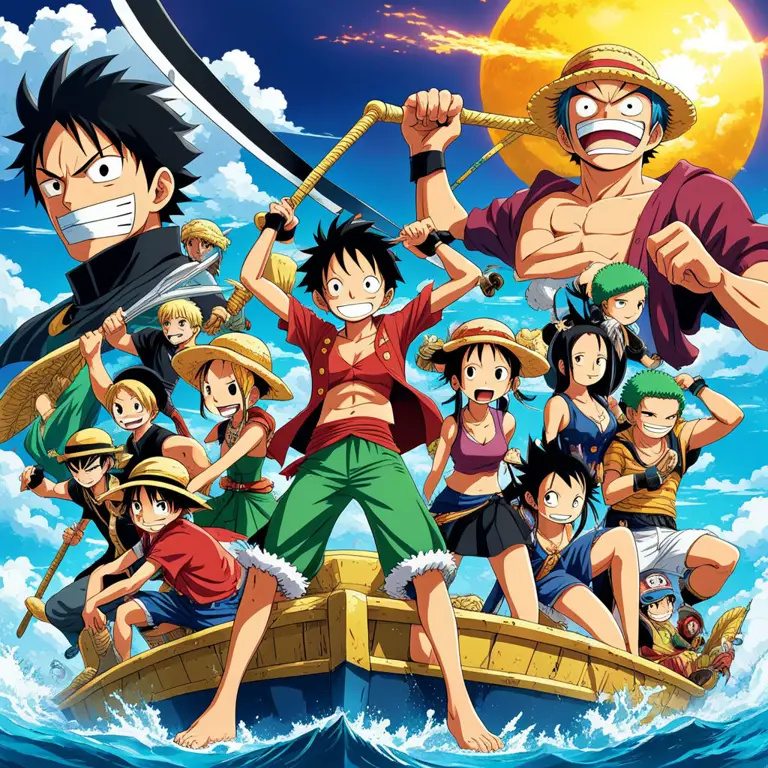 Luffy dan Kru Merayakan Kemenangan Gambar Luffy dan kru Topi Jerami merayakan kemenangan