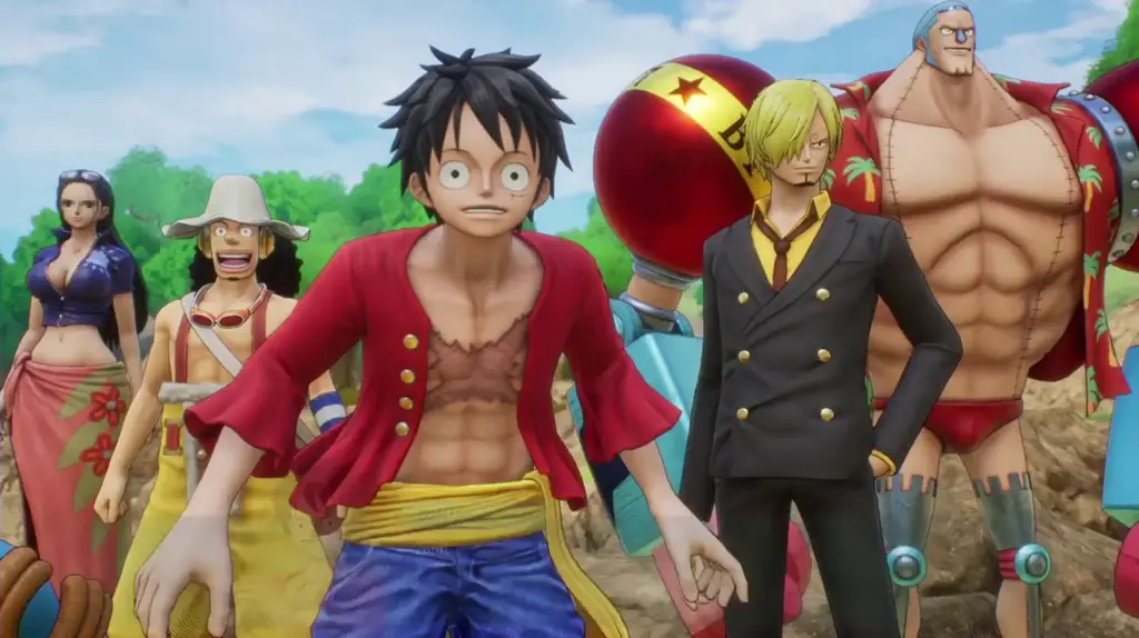 Petualangan Baru di Pulau Misterius Screenshot gameplay One Piece Odyssey yang menampilkan Luffy dan kru Topi Jerami