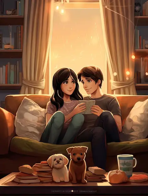 Menikmati waktu bersama sambil menonton anime Pasangan anime menonton film bersama