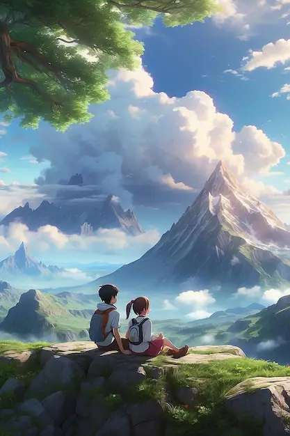 Momen romantis dalam anime Karakter anime menyaksikan matahari terbenam