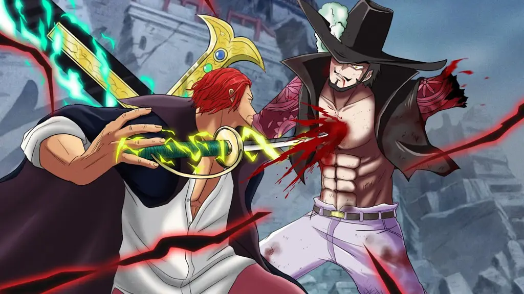 Perbandingan kekuatan antara Shanks dan Mihawk Gambar yang membandingkan kekuatan Shanks dan Mihawk