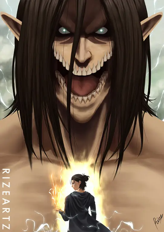 Perkembangan Eren Yeager dalam Attack on Titan Gambar Eren Yeager dari Attack on Titan yang menunjukkan perkembangan karakternya