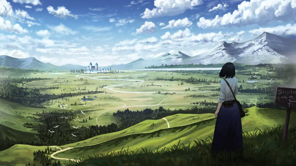 Dunia Fantasi yang Menakjubkan Pemandangan dunia fantasi dalam anime isekai.