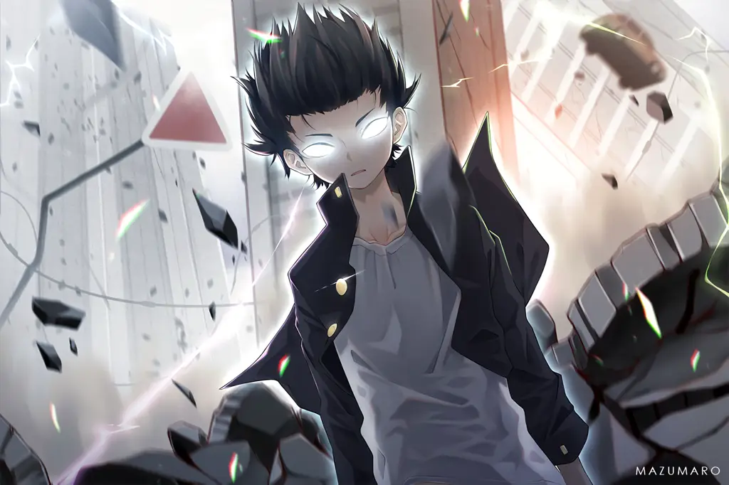 Adegan Aksi Mob Psycho 100 Gambar adegan anime Mob Psycho 100 yang menampilkan Mob dengan kekuatan psikisnya.