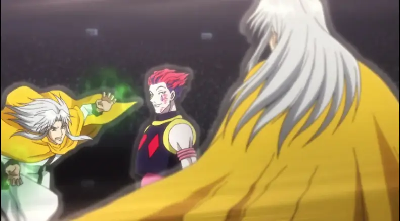 Pertarungan Epik Hunter x Hunter Gambar adegan pertarungan anime Hunter x Hunter yang menampilkan karakter-karakter dengan kekuatan Nen.