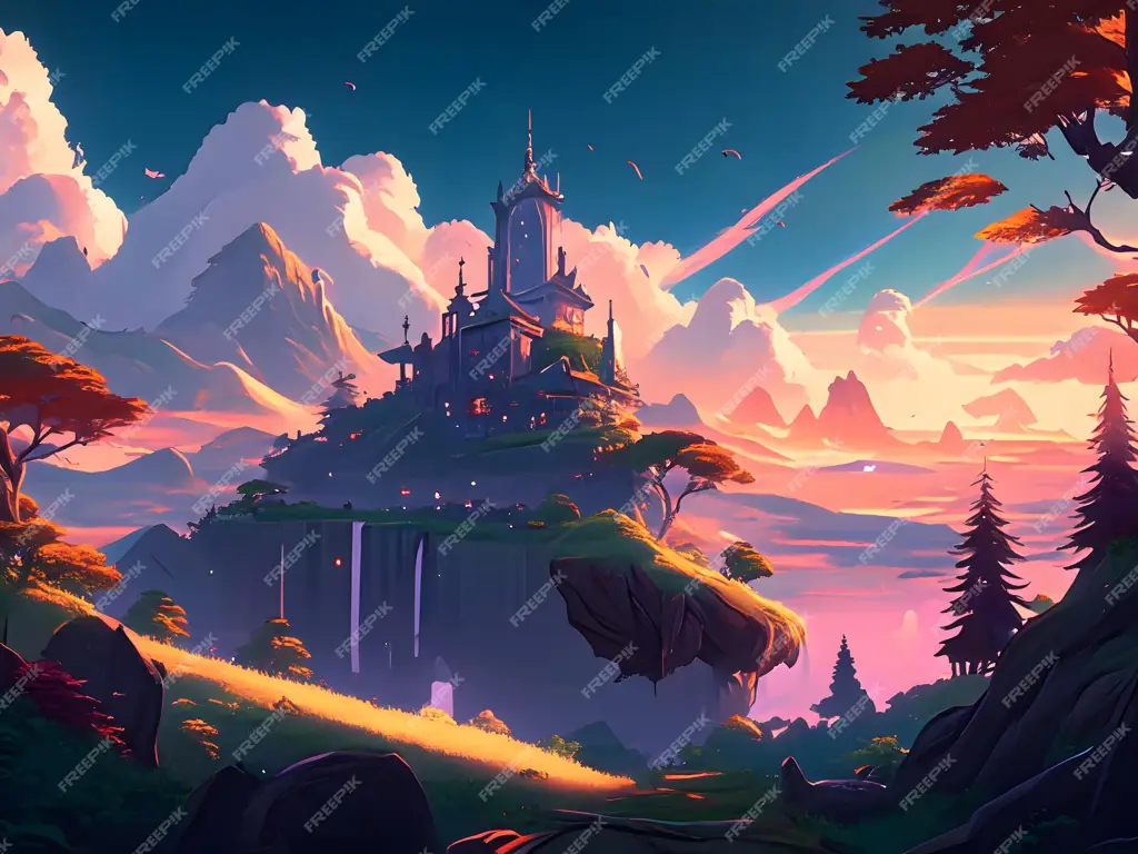 Dunia Fantasi yang Memukau Gambar pemandangan fantasi anime yang indah