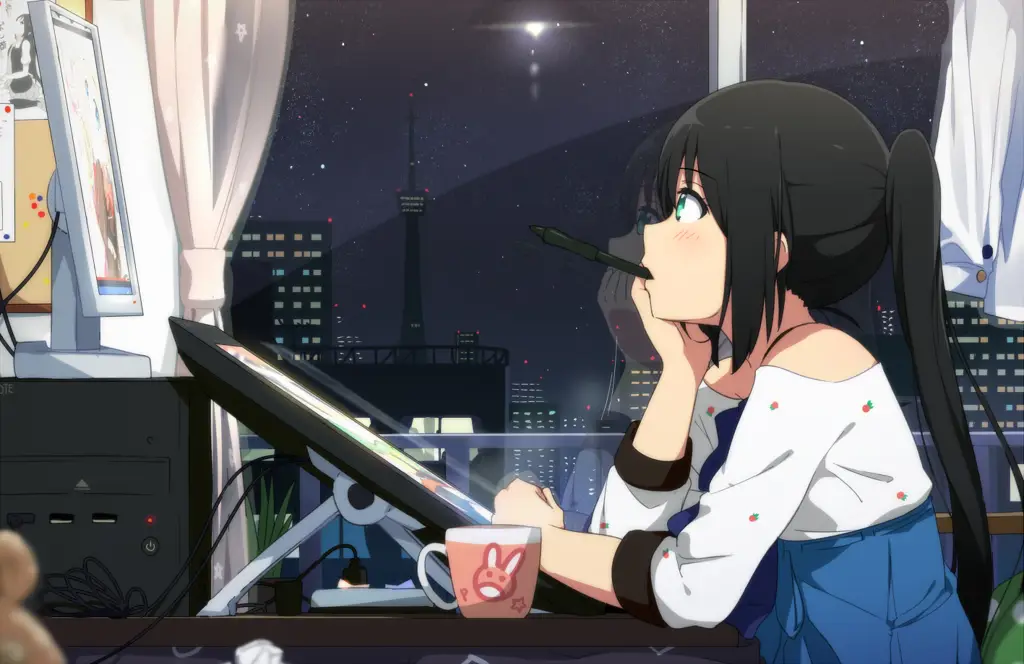 Menikmati Anime di Aplikasi Streaming Seorang penggemar anime menonton anime di tablet