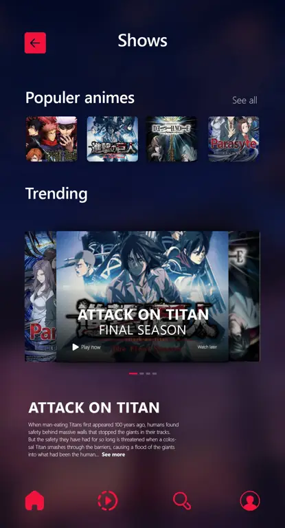 Antarmuka Aplikasi yang Ramah Pengguna Antarmuka aplikasi streaming anime yang mudah digunakan