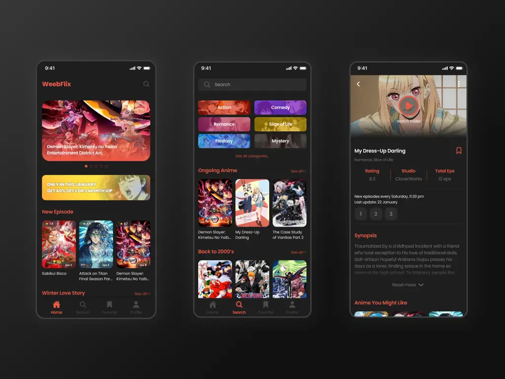 Antarmuka Aplikasi Antarmuka aplikasi streaming anime yang ramah pengguna